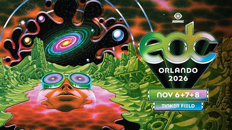 EDC Orlando 2026 poster art with a cosmic face and the dates Nov 6, 7 and 8